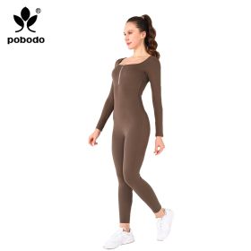 Square Collar Chest Short Zipper Jumpsuit (Option: Brown-XL)